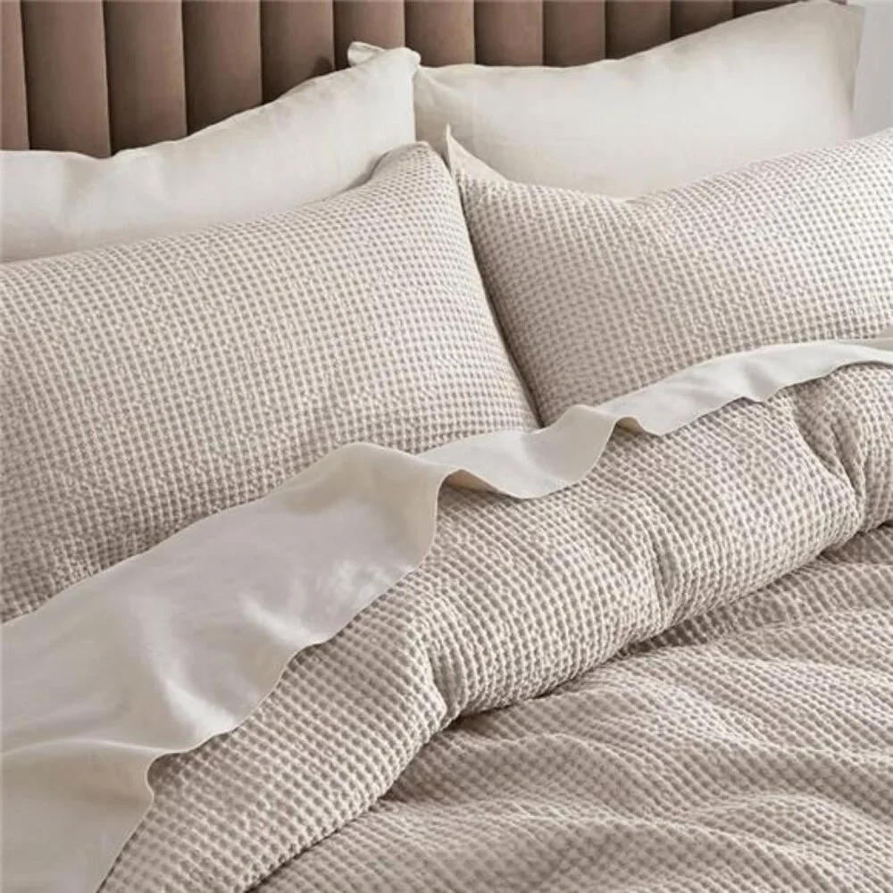 NEW West Elm Beige Waffle Weave Queen King 100% Cotton Bedding Duvet & Sham Set